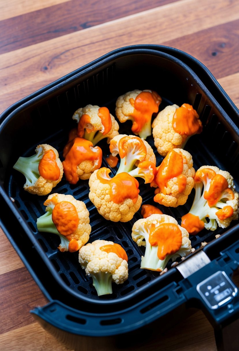 Cauliflower florets coated in buffalo sauce inside an air fryer