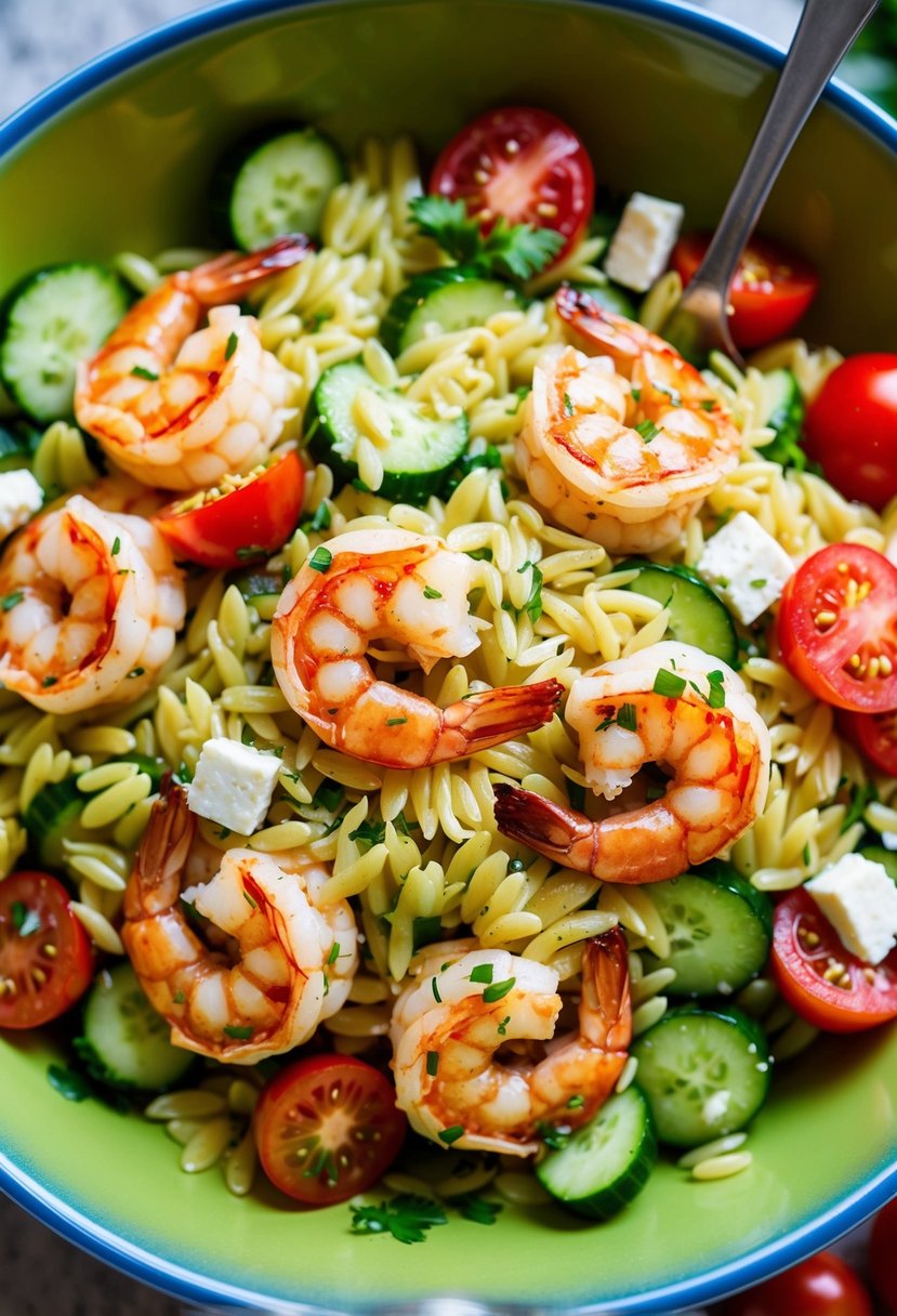 A colorful bowl of orzo salad with plump, grilled shrimp, mixed with fresh Mediterranean ingredients like tomatoes, cucumbers, feta cheese, and drizzled with a zesty vinaigrette