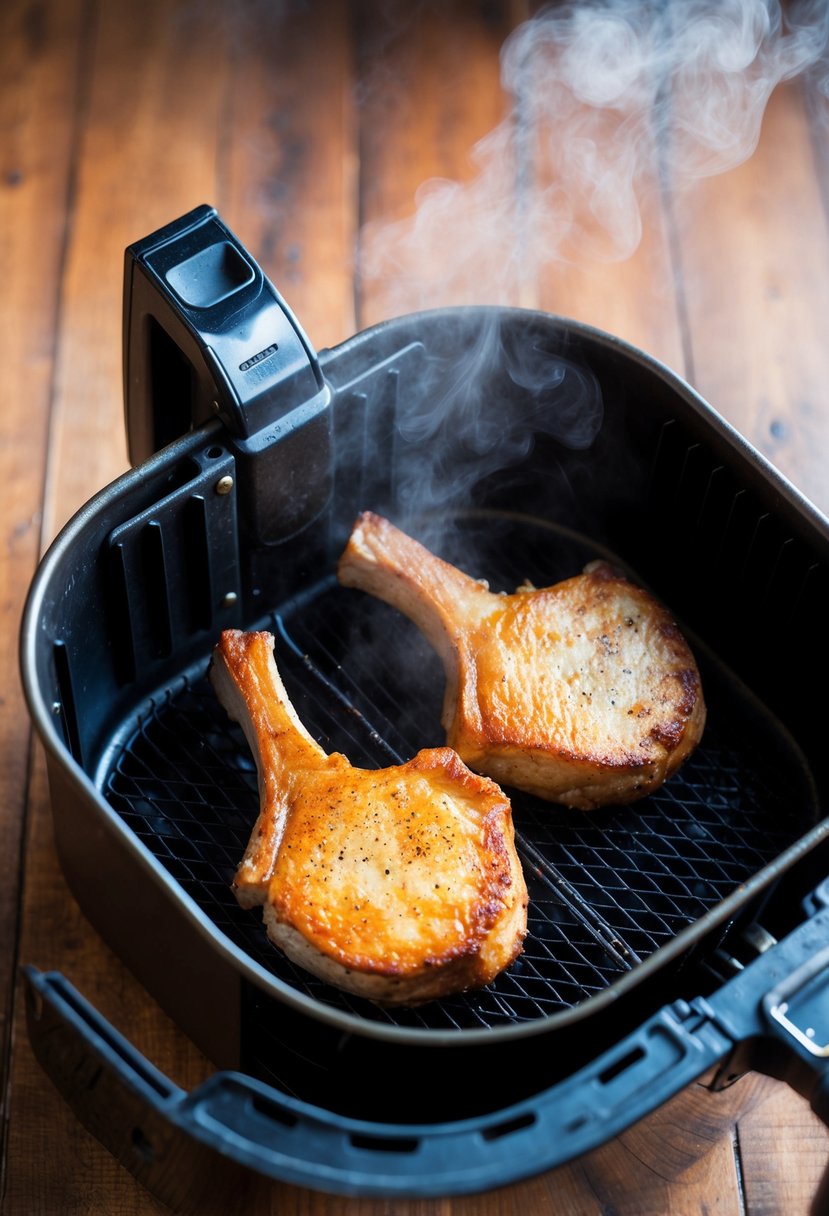 Two golden-brown pork chops sizzling in an air fryer basket, surrounded by a gentle cloud of steam