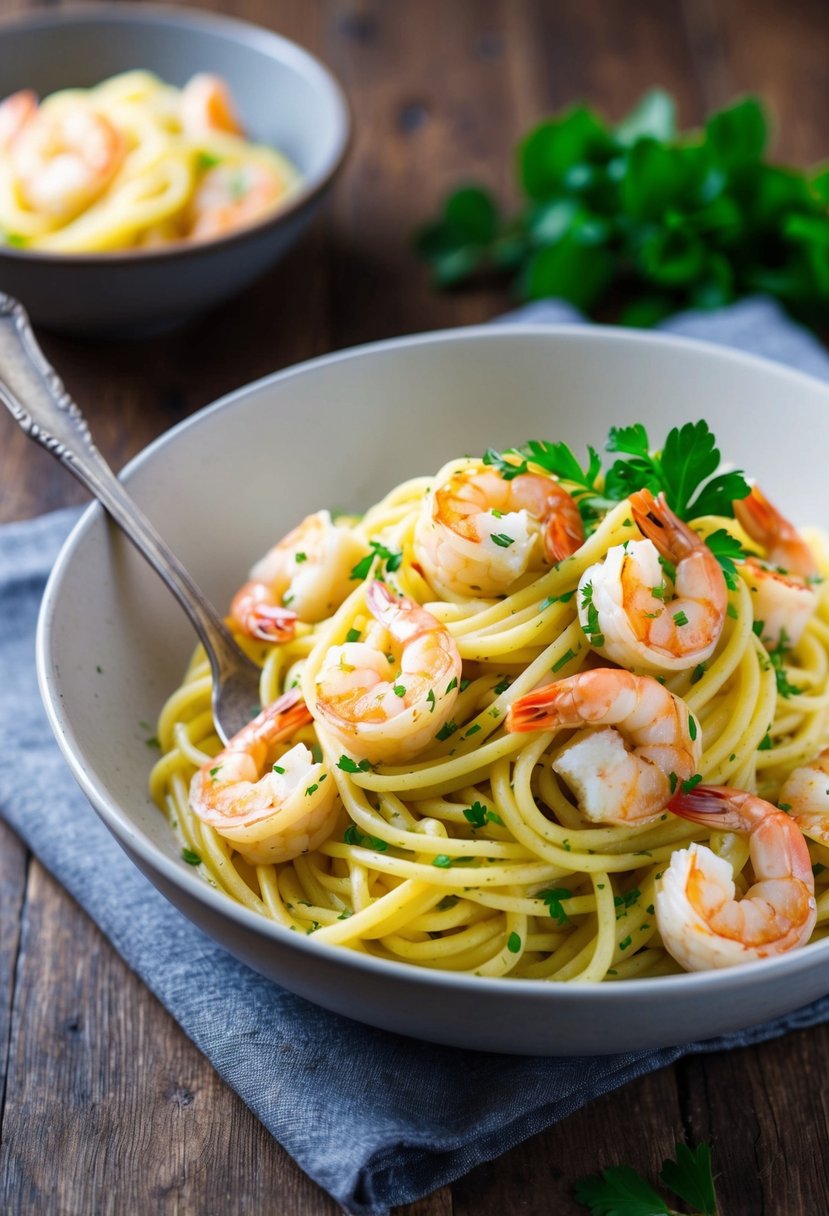 A steaming bowl of butter herb shrimp pasta, garnished with fresh parsley and served on a rustic wooden table