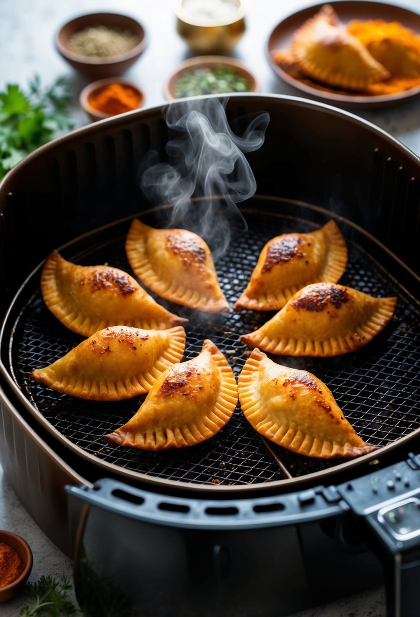 Golden-brown samosas sizzling in the air fryer, steam rising, surrounded by aromatic spices and herbs