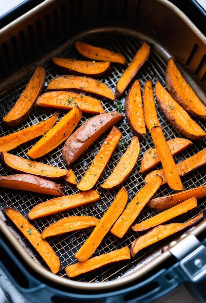 Freshly cooked sweet potato fries in an air fryer basket, golden brown and crispy, with a sprinkle of salt and herbs