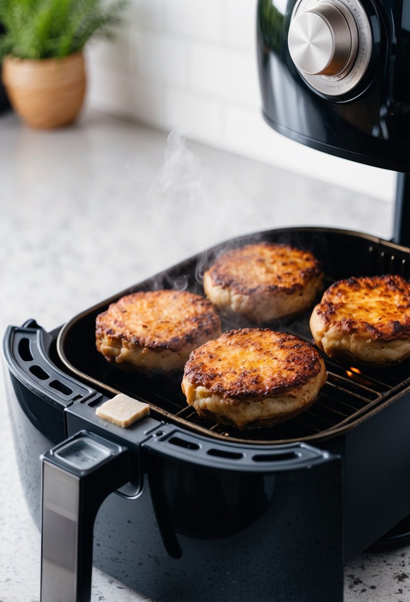 A sizzling air fryer sits on a countertop, cooking juicy burgers with a golden brown crust. Steam rises from the patties as they cook