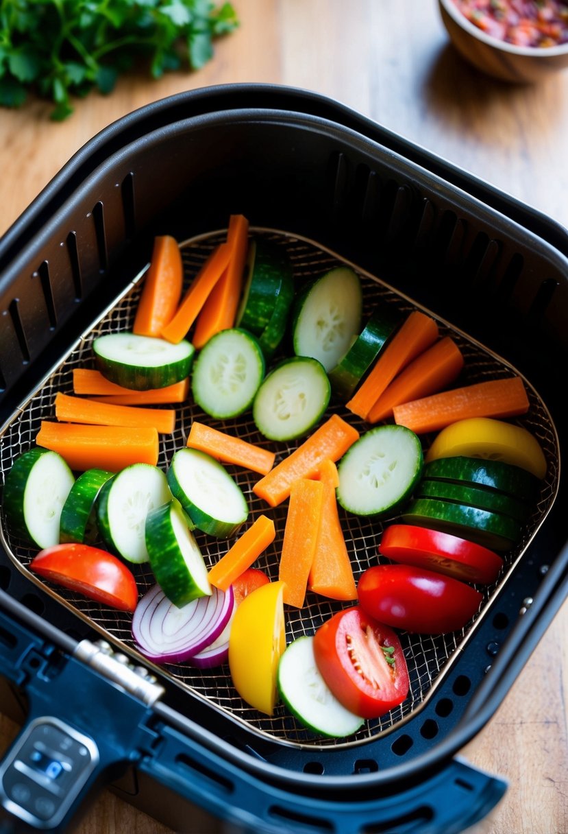 A variety of colorful sliced vegetables arranged on a wire rack inside an air fryer, with the air fryer's digital display showing the cooking time