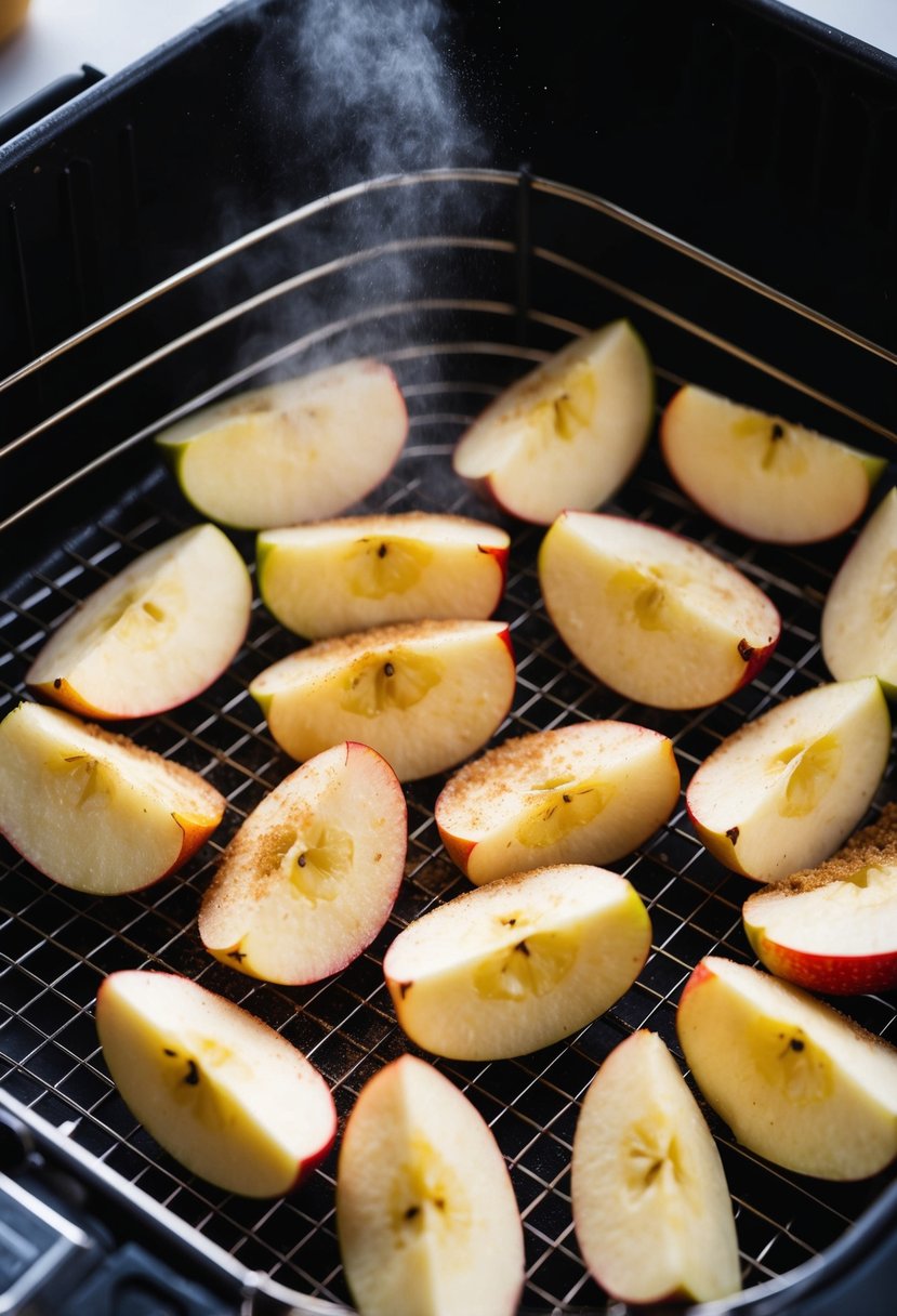 Sliced apples arranged on a wire rack inside an air fryer, with a light mist of cinnamon and sugar on top