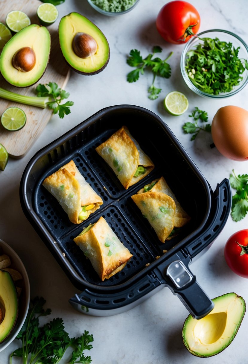 Fresh avocado egg rolls frying in an air fryer, surrounded by healthy ingredients like vegetables and herbs