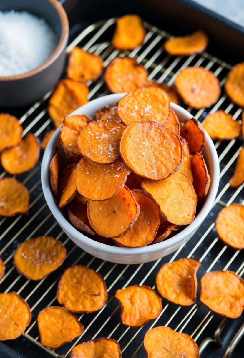 A pile of crispy sweet potato chips sits on a wire rack, fresh out of the air fryer. The golden chips are sprinkled with a hint of salt and arranged in an appetizing display