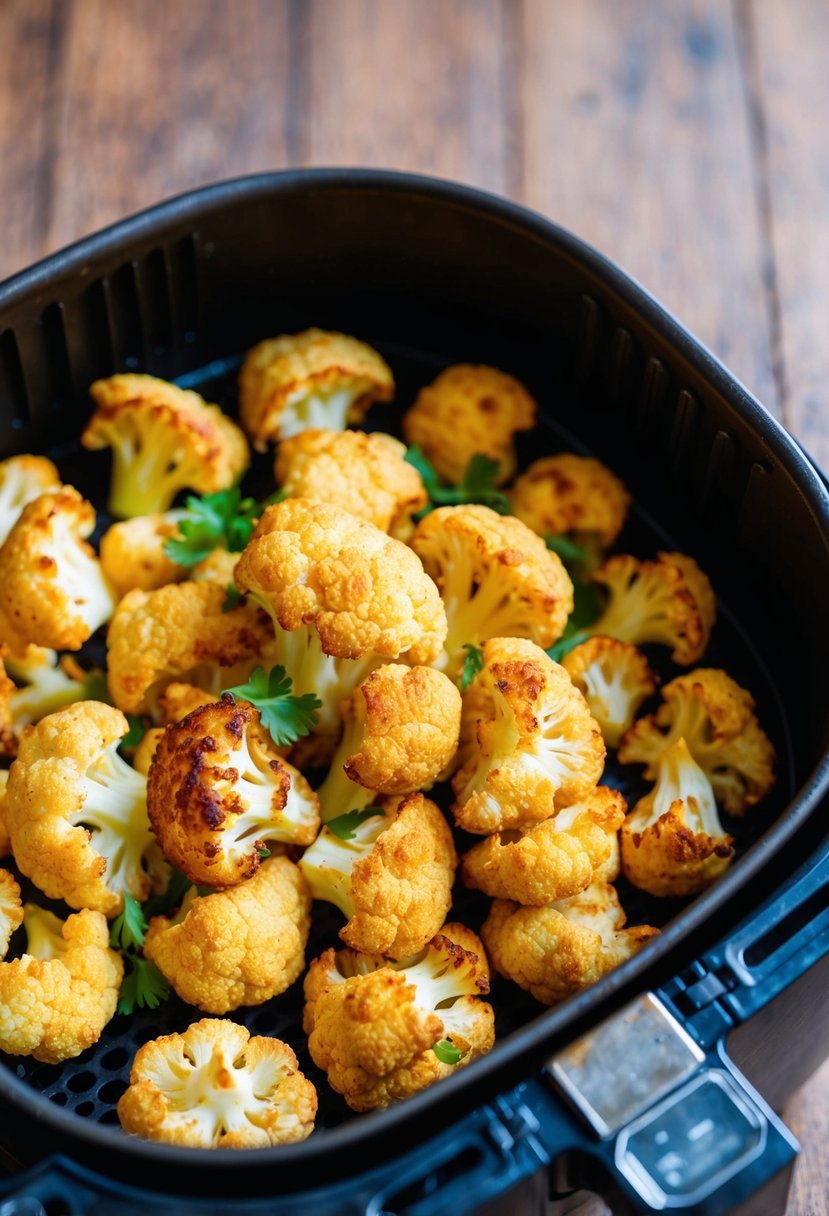 A bowl of crispy cauliflower bites coming out of an air fryer