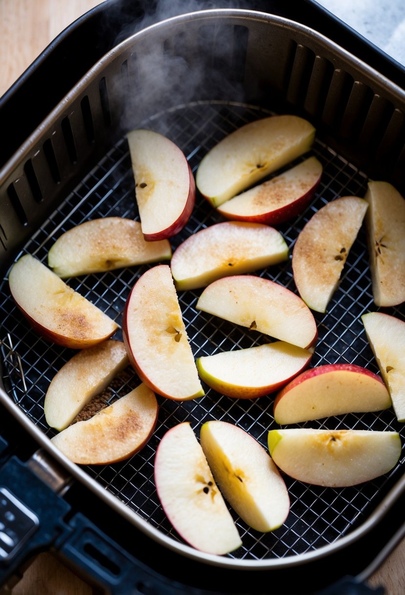 Sliced apples arranged on a wire rack inside an air fryer, with a light mist of cinnamon and sugar, ready to be cooked