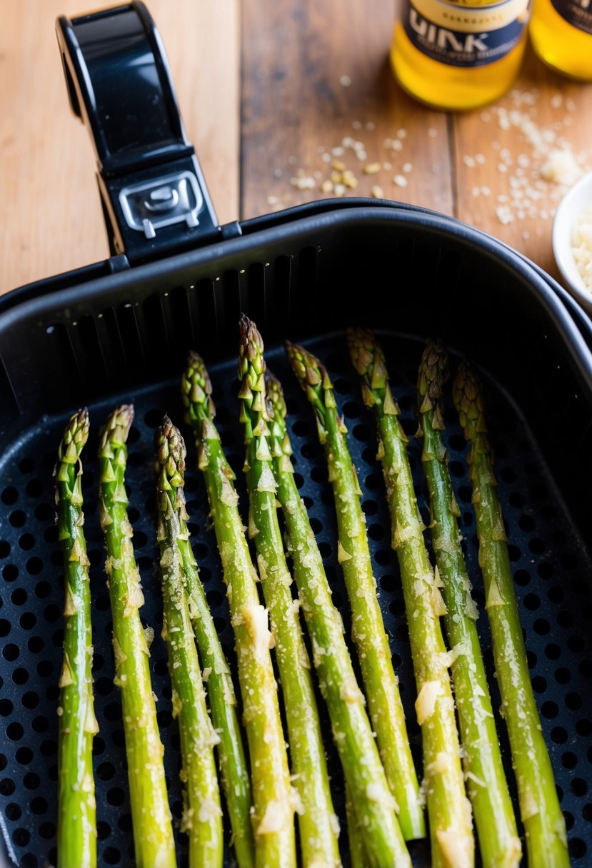 Fresh asparagus spears coated in garlic and Parmesan, arranged in an air fryer basket