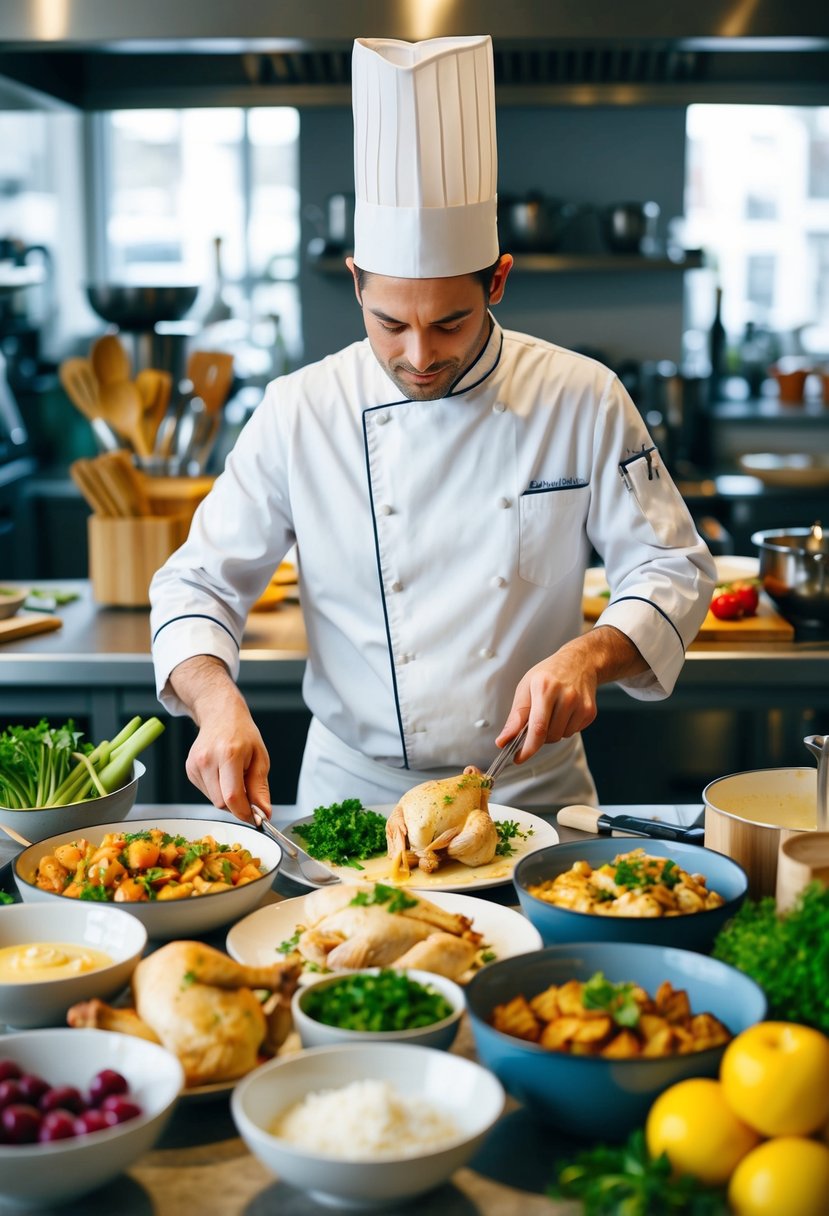 A chef preparing various chicken dishes in a bustling kitchen, surrounded by fresh ingredients and cooking utensils