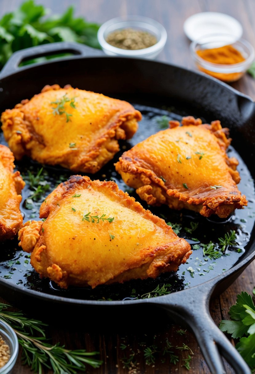 A cast iron skillet sizzling with golden brown fried chicken, surrounded by herbs and spices