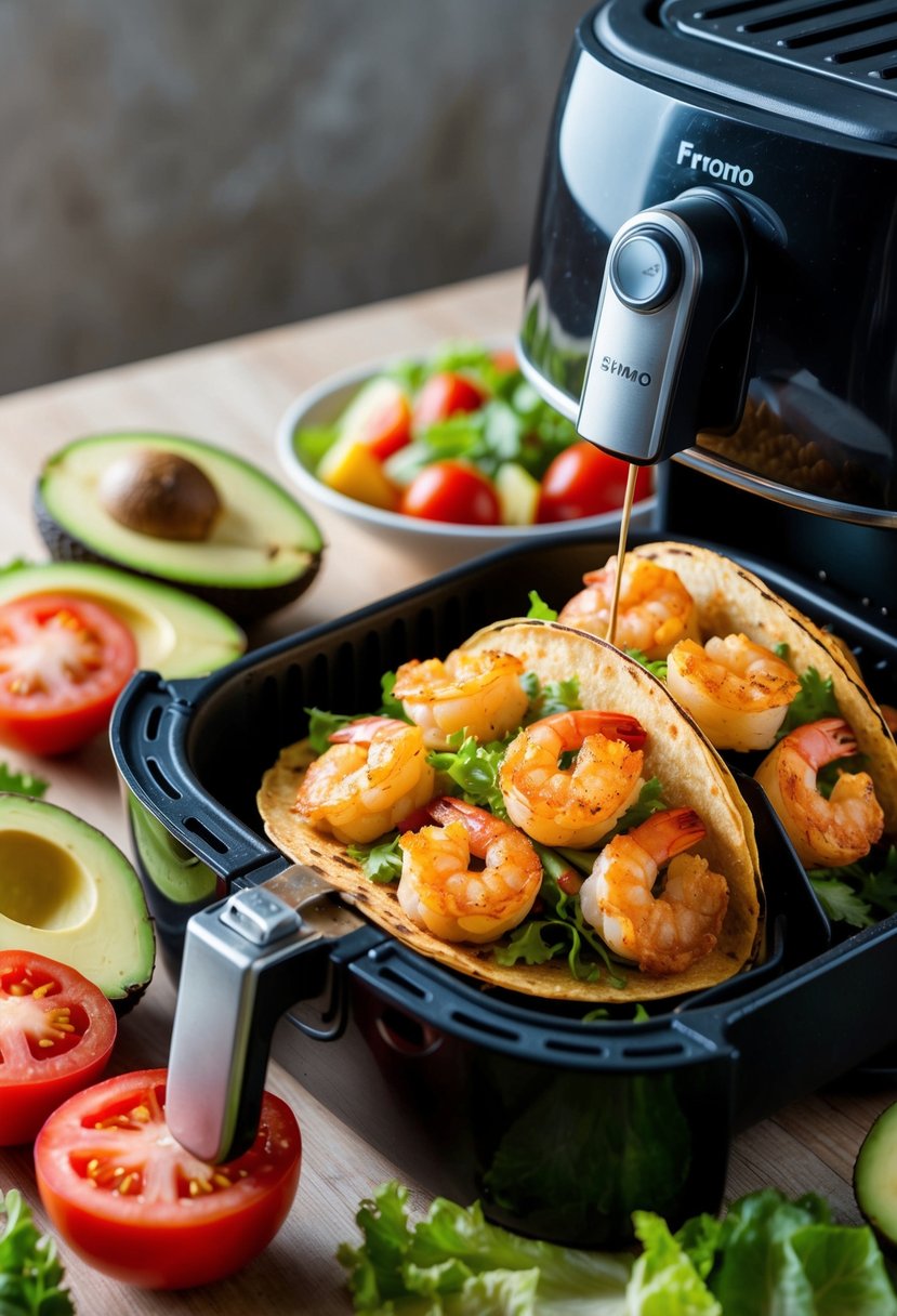 A sizzling shrimp taco being cooked in an air fryer, surrounded by fresh ingredients like lettuce, tomatoes, and avocado