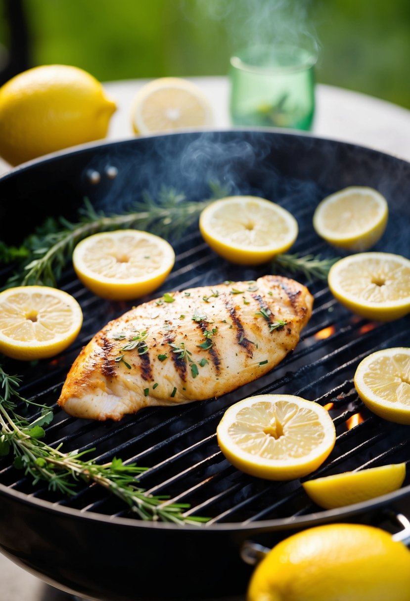 A sizzling lemon herb chicken breast grilling on a hot barbecue, surrounded by fresh herbs and sliced lemons