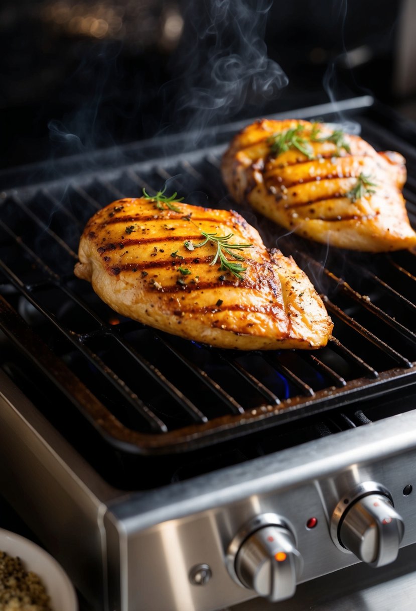 A sizzling chicken breast grilling on a stovetop BBQ, surrounded by the aroma of spices and herbs