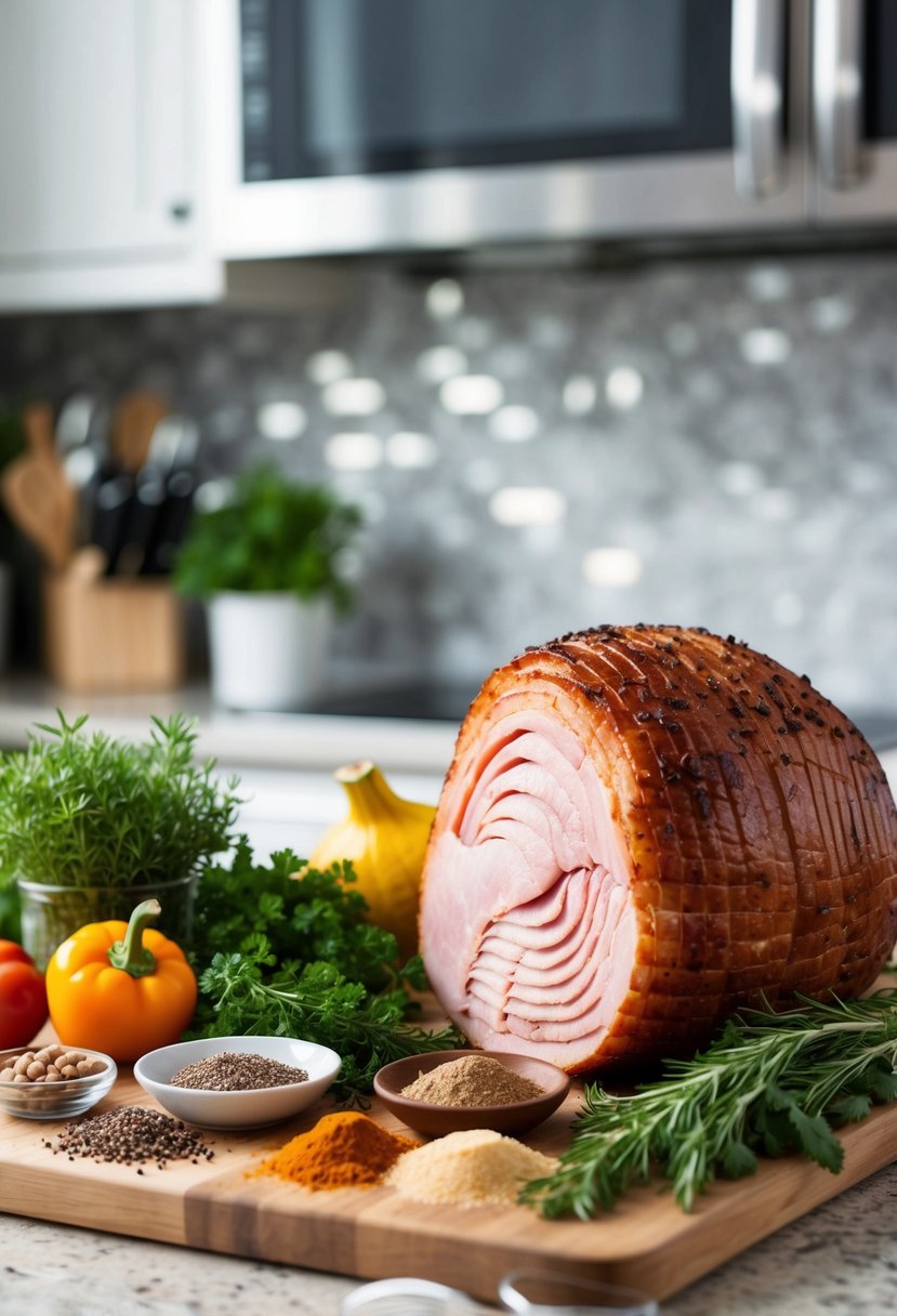 A kitchen counter with an assortment of fresh herbs, spices, and a succulent ham ready to be prepared for a delicious recipe