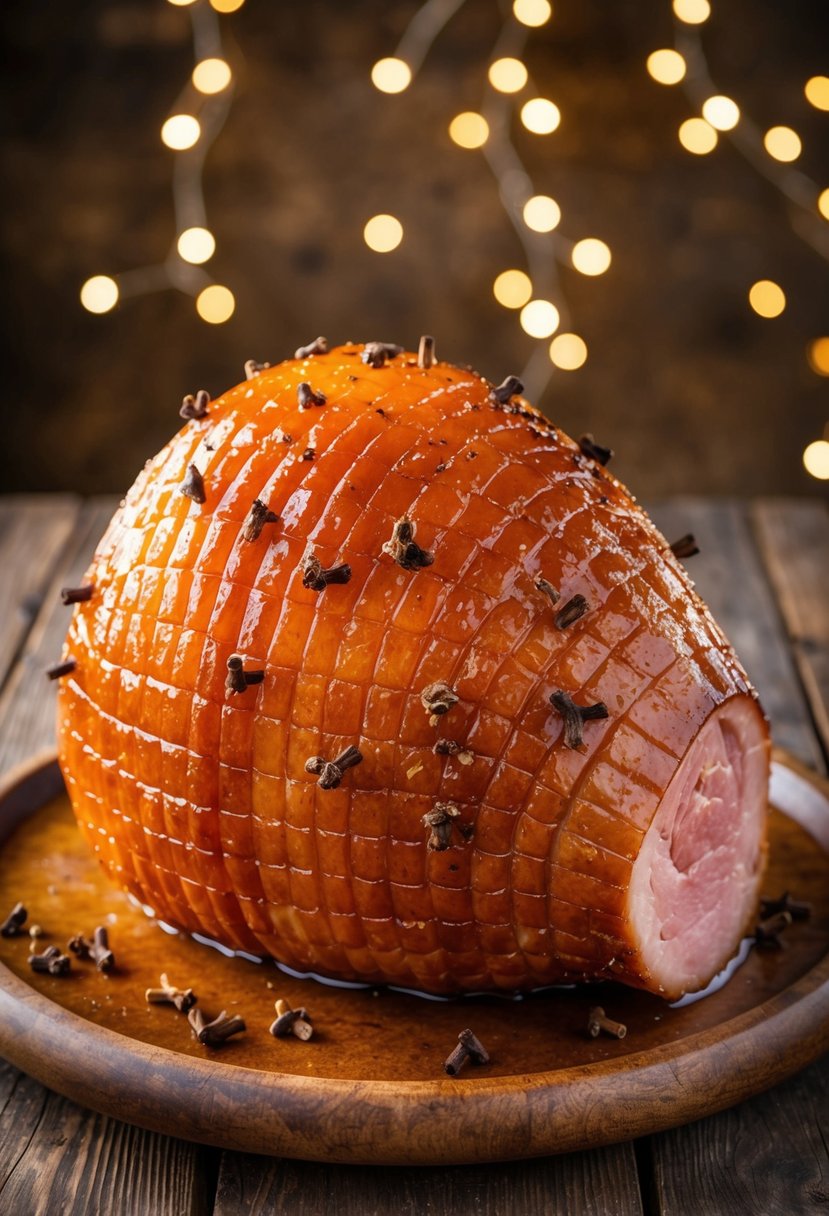 A succulent honey-glazed ham rests on a rustic wooden platter, glistening with sticky sweet glaze and adorned with cloves. A golden brown crust crackles under the warm light