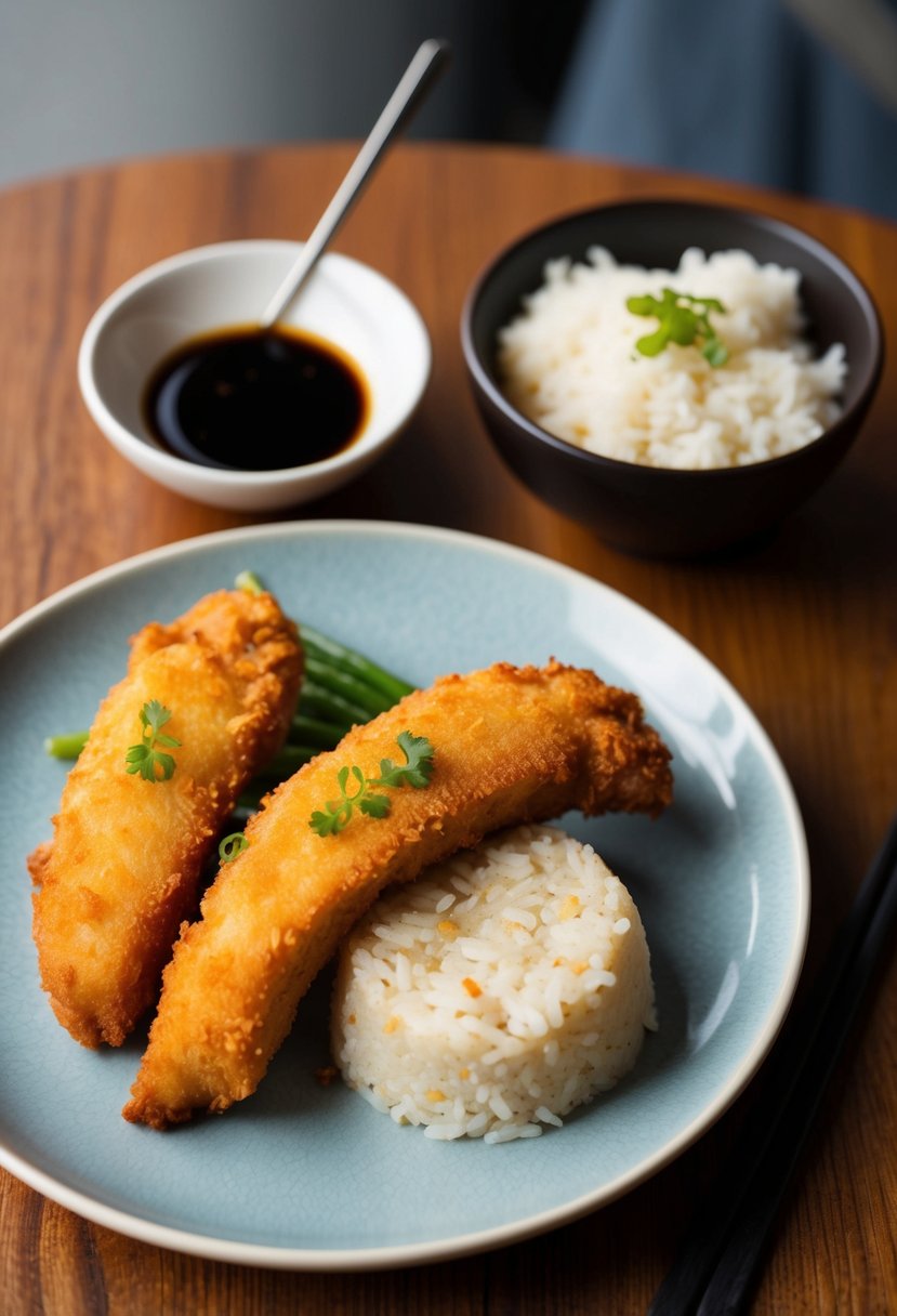 A plate of golden-brown chicken katsu with a side of steamed rice and a small dish of tangy tonkatsu sauce