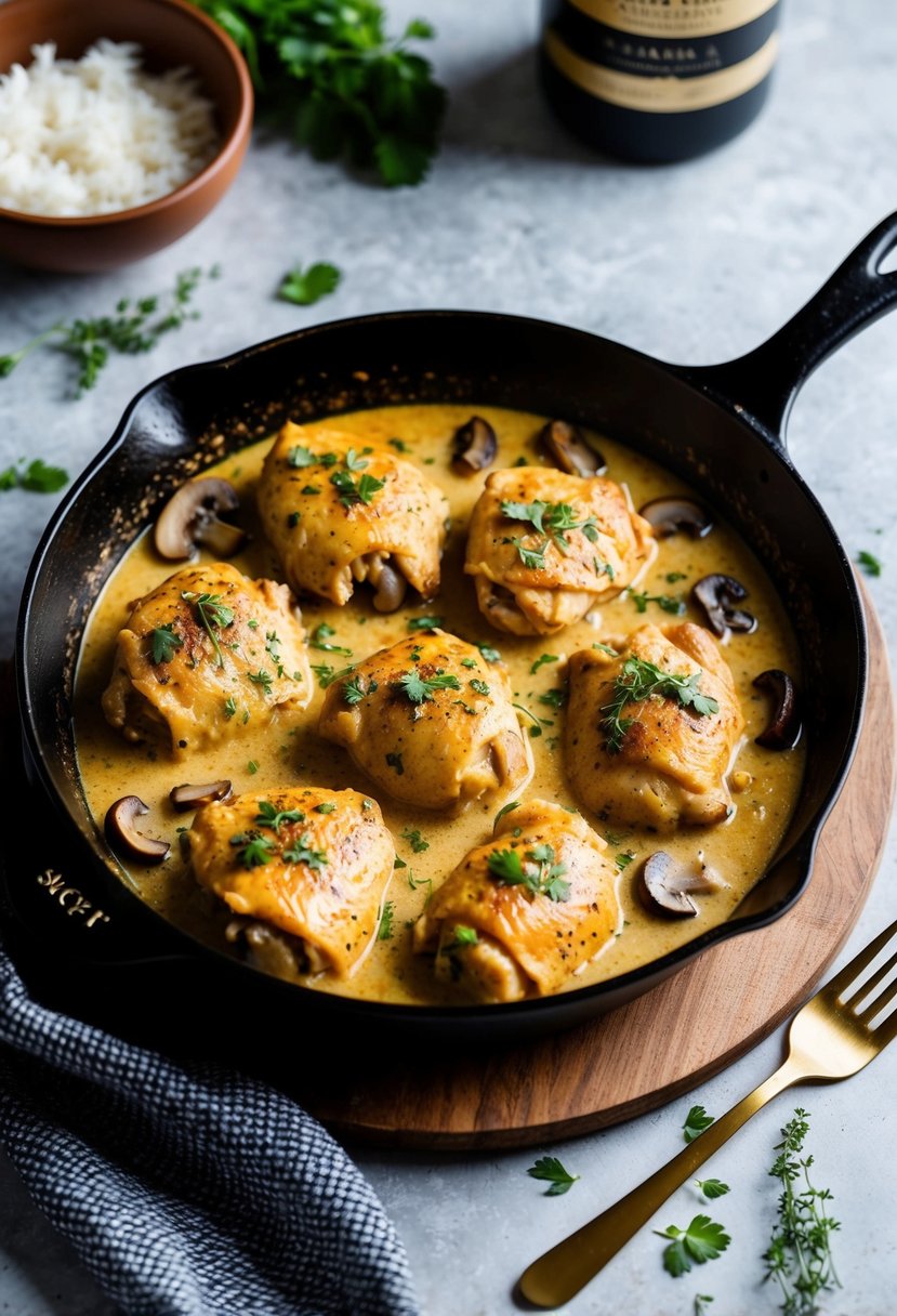 A sizzling skillet of creamy chicken Marsala simmering with mushrooms and herbs