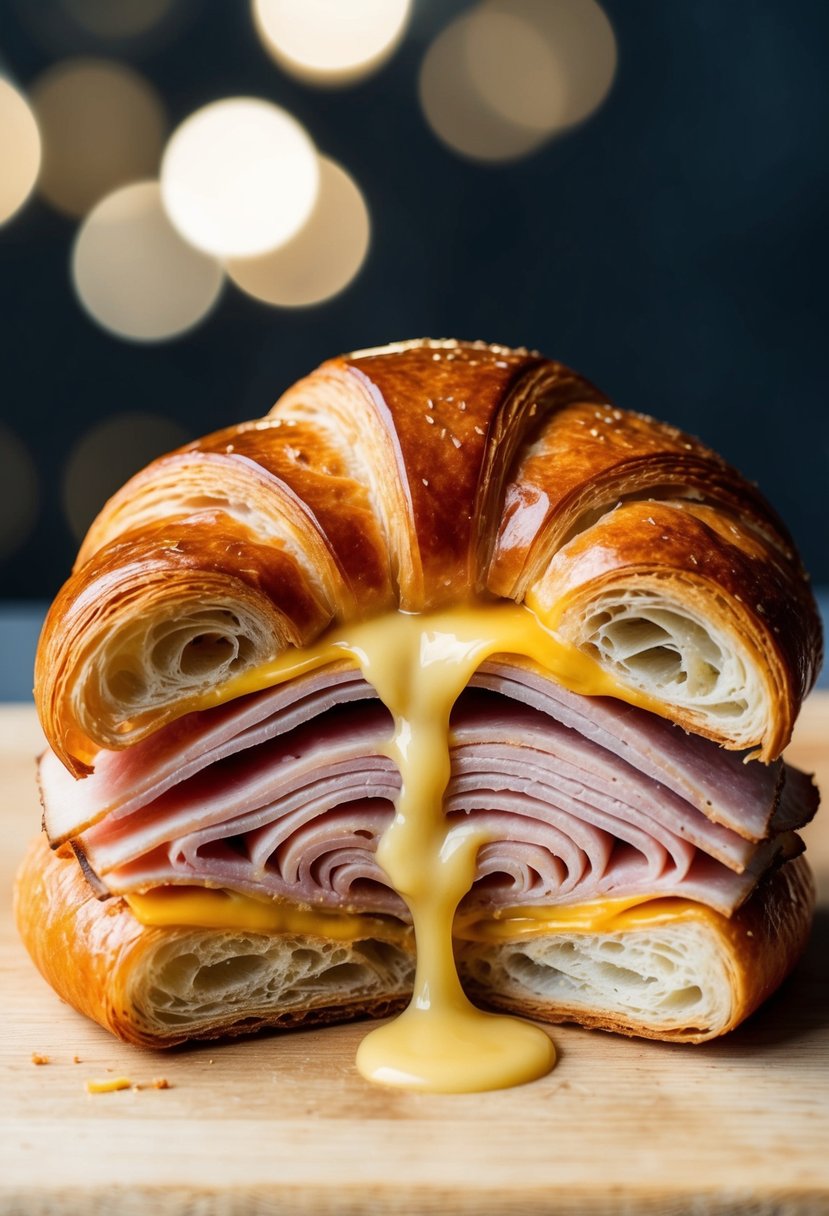 A golden-brown croissant split open to reveal layers of thinly sliced ham and melted cheese oozing out