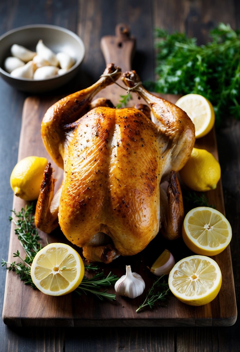 A whole roast chicken surrounded by fresh lemons, garlic cloves, and herbs on a rustic wooden cutting board