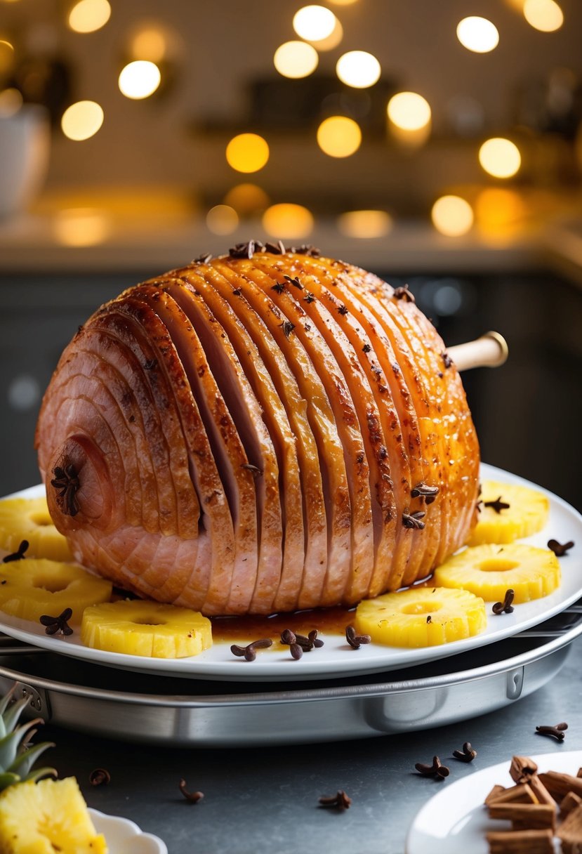 A succulent ham with a golden glaze, surrounded by fresh pineapple slices and cloves, baking in the oven