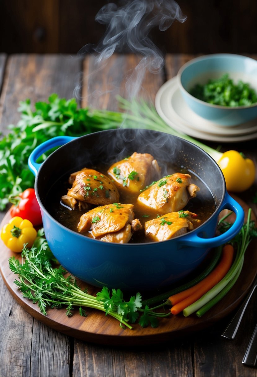 A steaming pot of chicken adobo surrounded by fresh herbs and colorful vegetables on a rustic wooden table