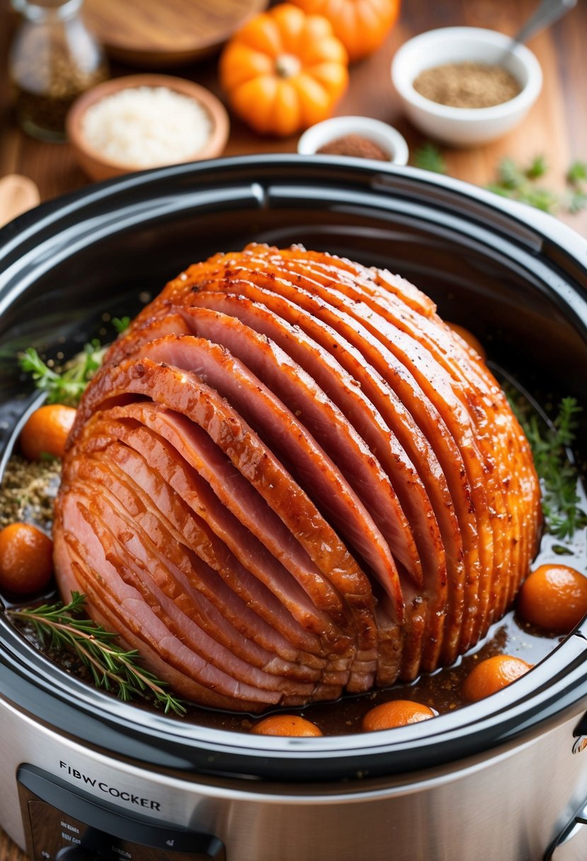 A succulent ham coated in a rich maple brown sugar glaze, surrounded by aromatic herbs and spices in a slow cooker