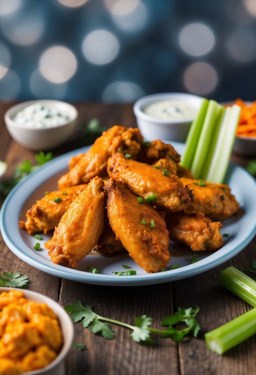 A platter of sizzling Buffalo chicken wings with a side of celery and blue cheese dip