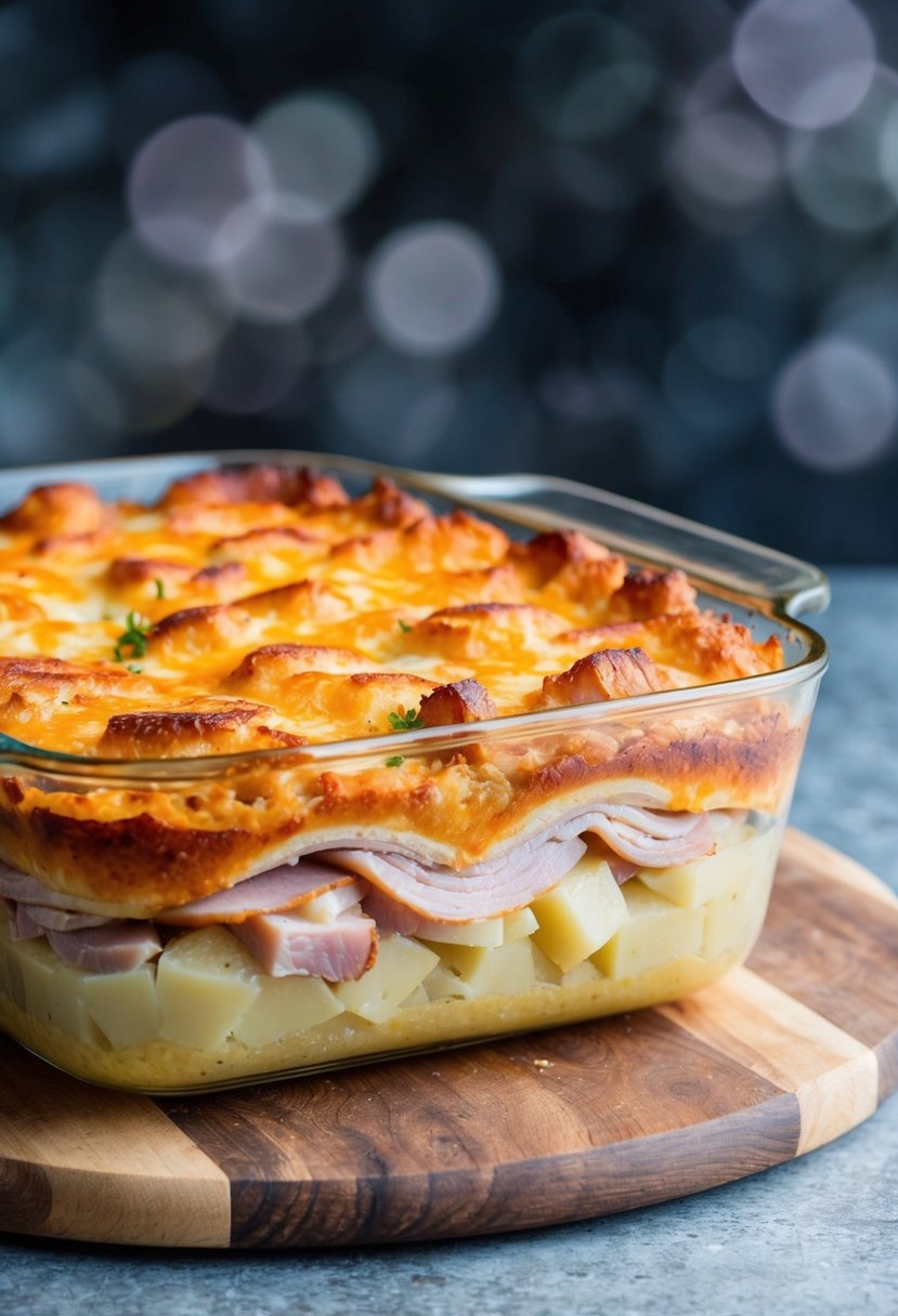 A bubbling casserole dish filled with layers of sliced ham, diced potatoes, and creamy sauce, topped with a golden brown crust