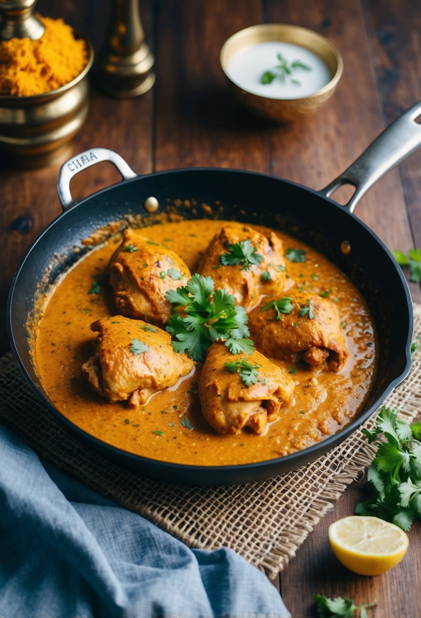 A sizzling skillet of Chicken Tikka Masala simmers with aromatic spices and creamy sauce