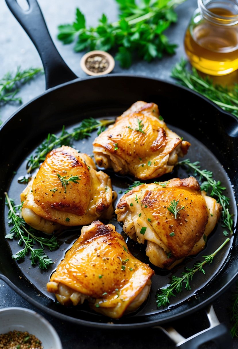 A sizzling skillet of honey garlic chicken thighs, surrounded by fresh herbs and spices