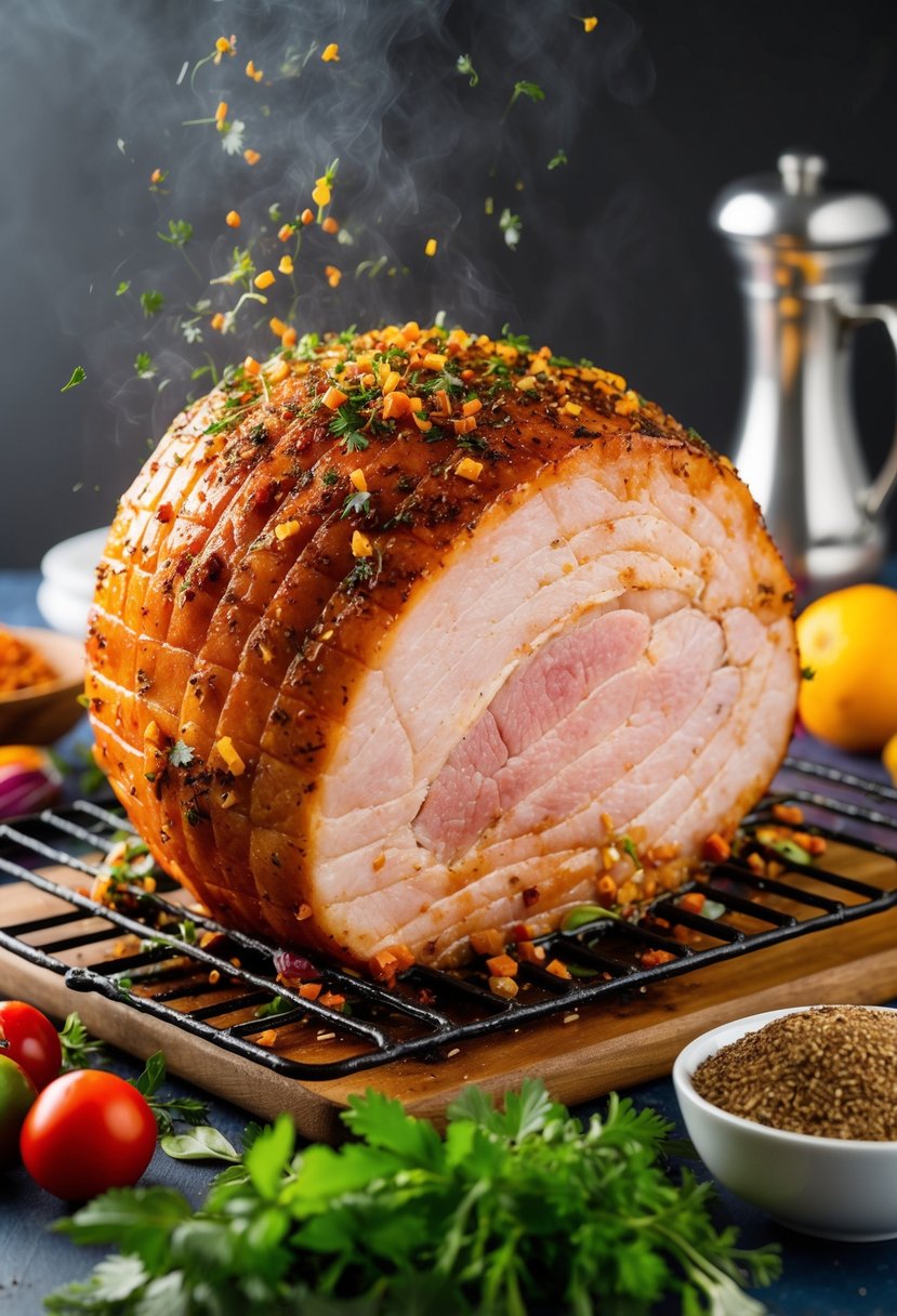 A sizzling ham marinating in spicy jerk seasoning, surrounded by vibrant herbs and spices