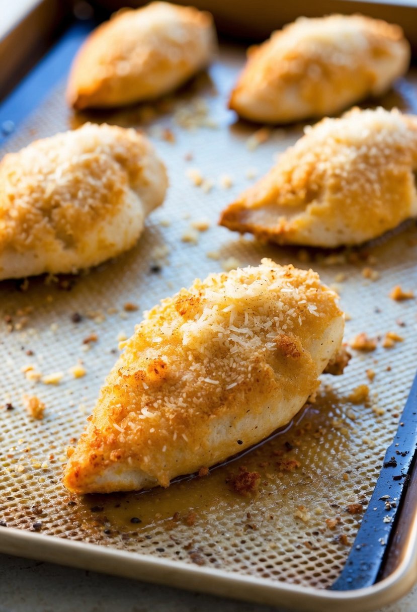 A golden-brown Parmesan crusted chicken breast on a baking sheet