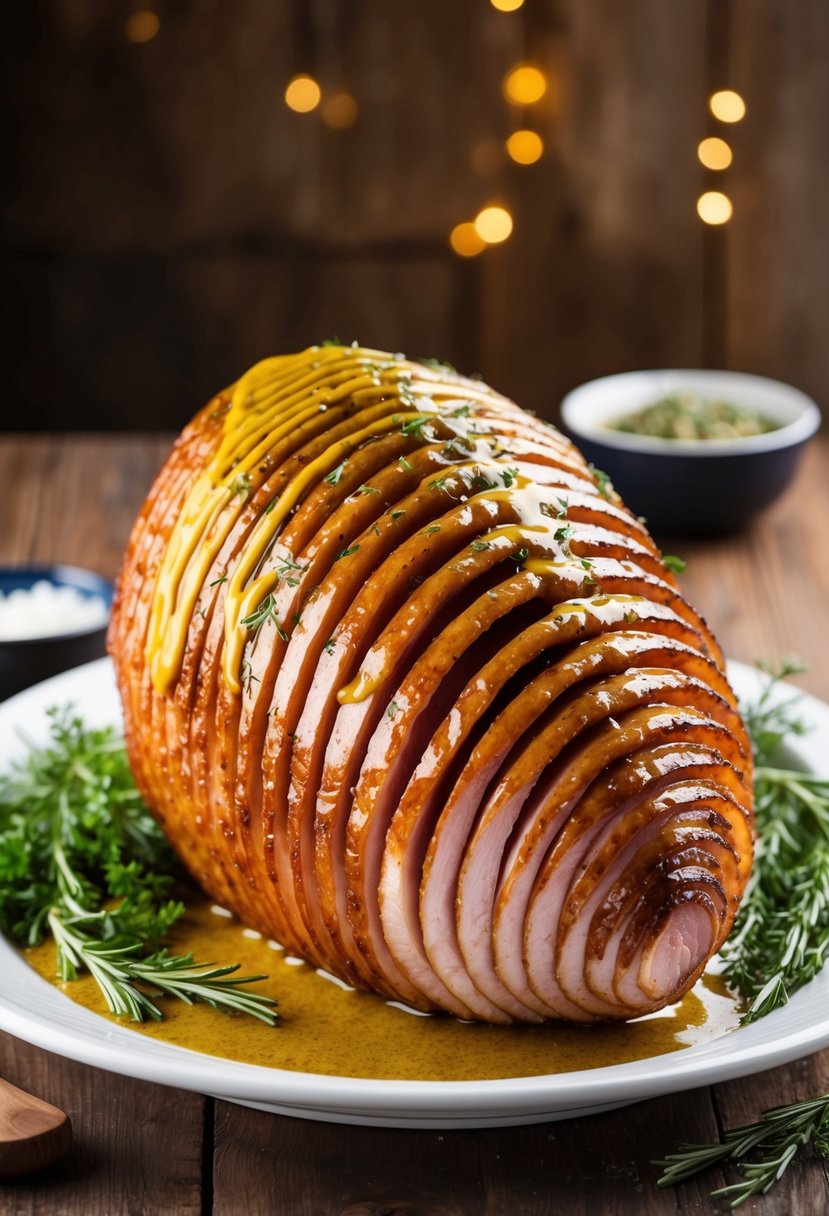 A succulent spiral ham glazed with golden honey mustard, glistening on a serving platter with fresh herbs and spices