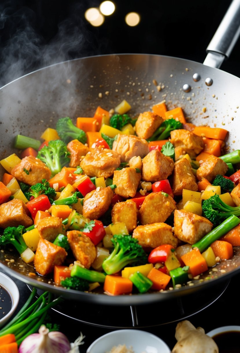 A sizzling wok filled with colorful vegetables and juicy chunks of chicken, surrounded by an array of fresh ingredients like soy sauce, ginger, and garlic