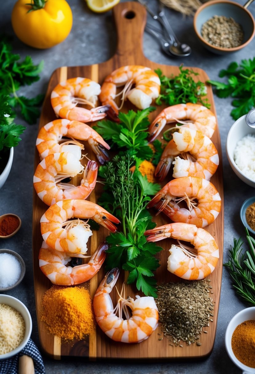 A colorful array of fresh shrimp, herbs, and spices on a wooden cutting board, surrounded by various cooking utensils and ingredients