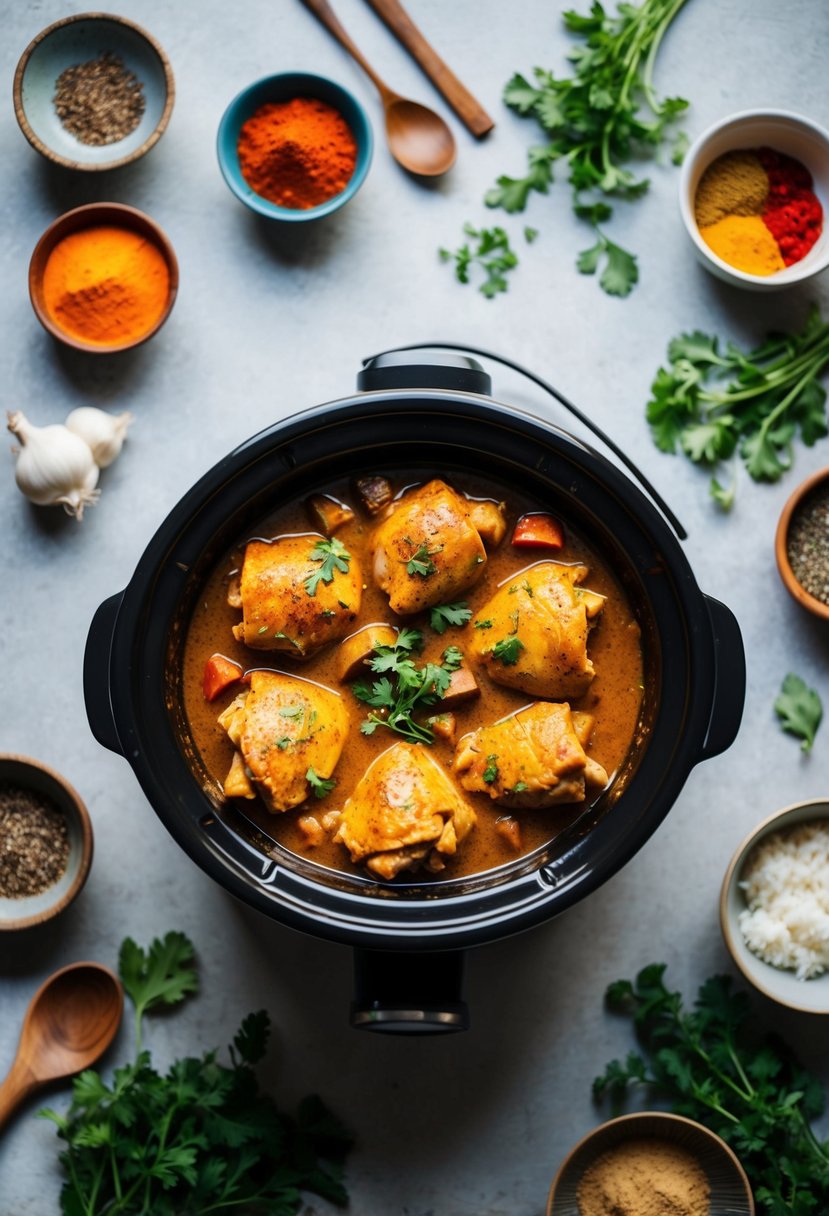 A slow cooker filled with aromatic chicken curry, surrounded by colorful spices and fresh herbs