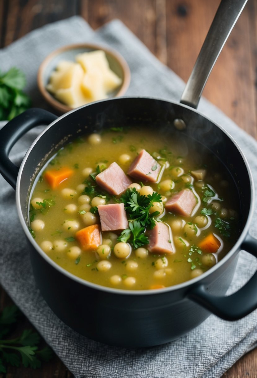 A pot of split pea soup simmering with chunks of ham and fresh herbs