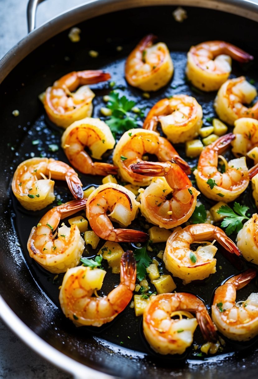 A sizzling skillet of garlic butter shrimp scampi, with a golden-brown sear and a fragrant aroma of garlic and herbs