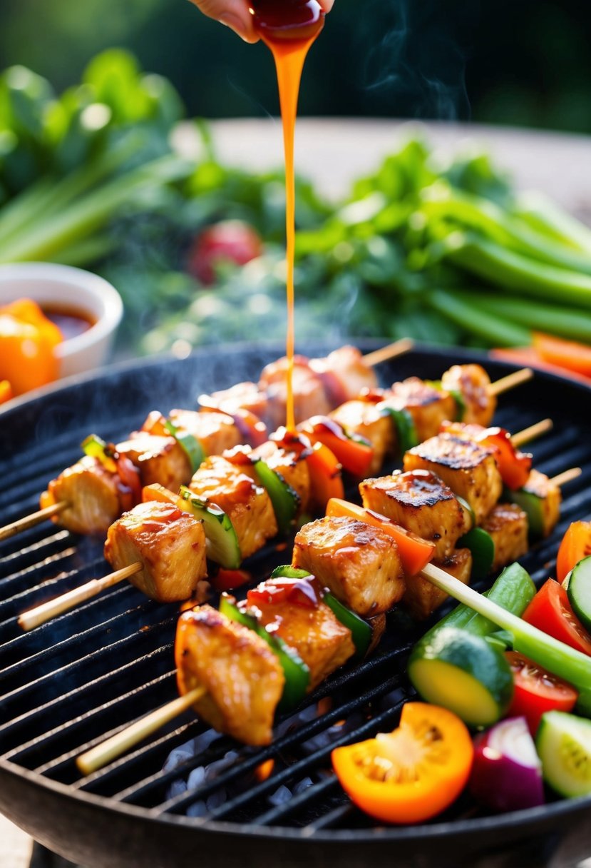 A sizzling grill with juicy teriyaki chicken skewers, surrounded by colorful vegetables and a drizzle of sauce