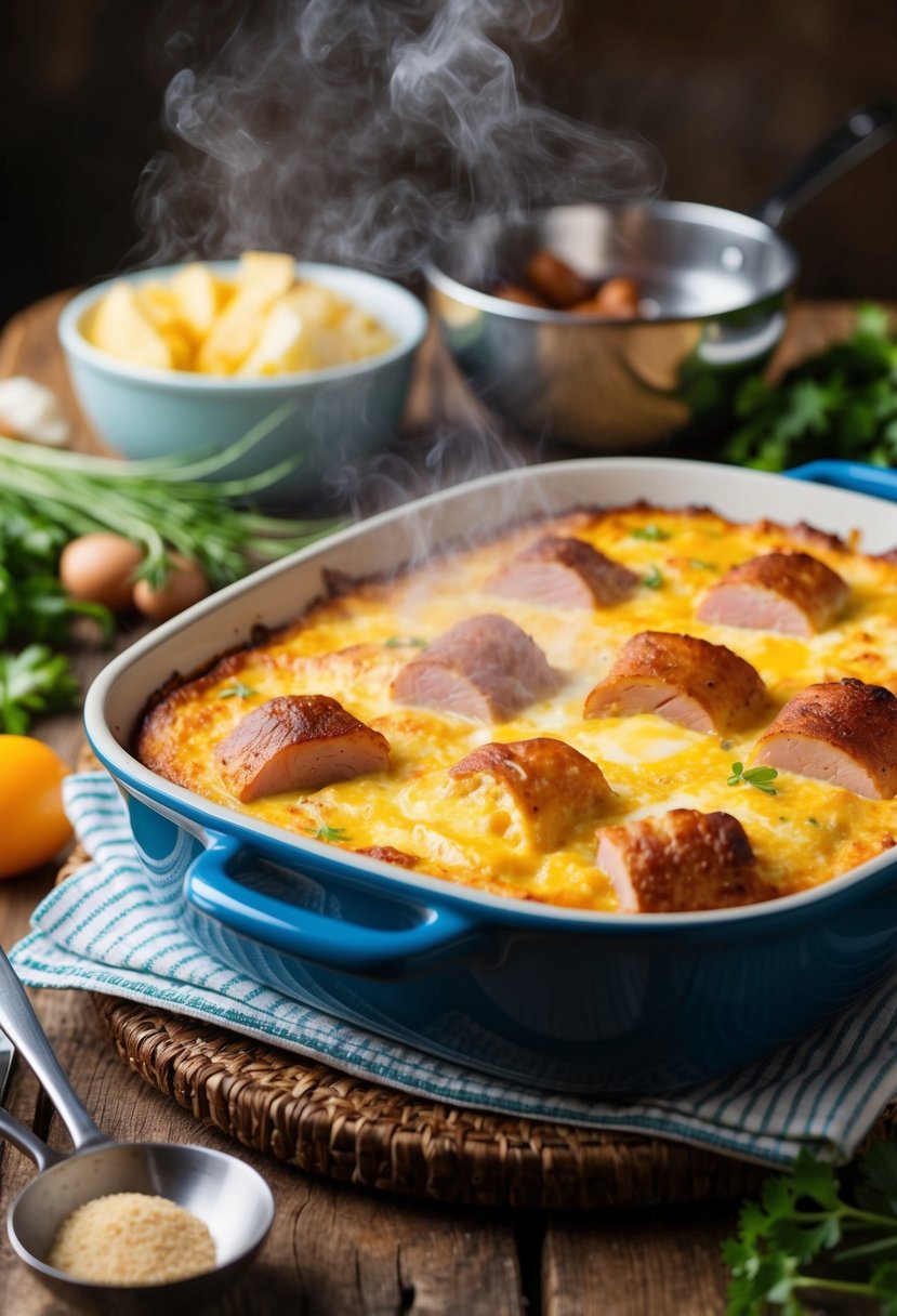 A rustic kitchen table set with a steaming casserole dish filled with a golden-brown ham and egg breakfast casserole, surrounded by fresh ingredients and cooking utensils