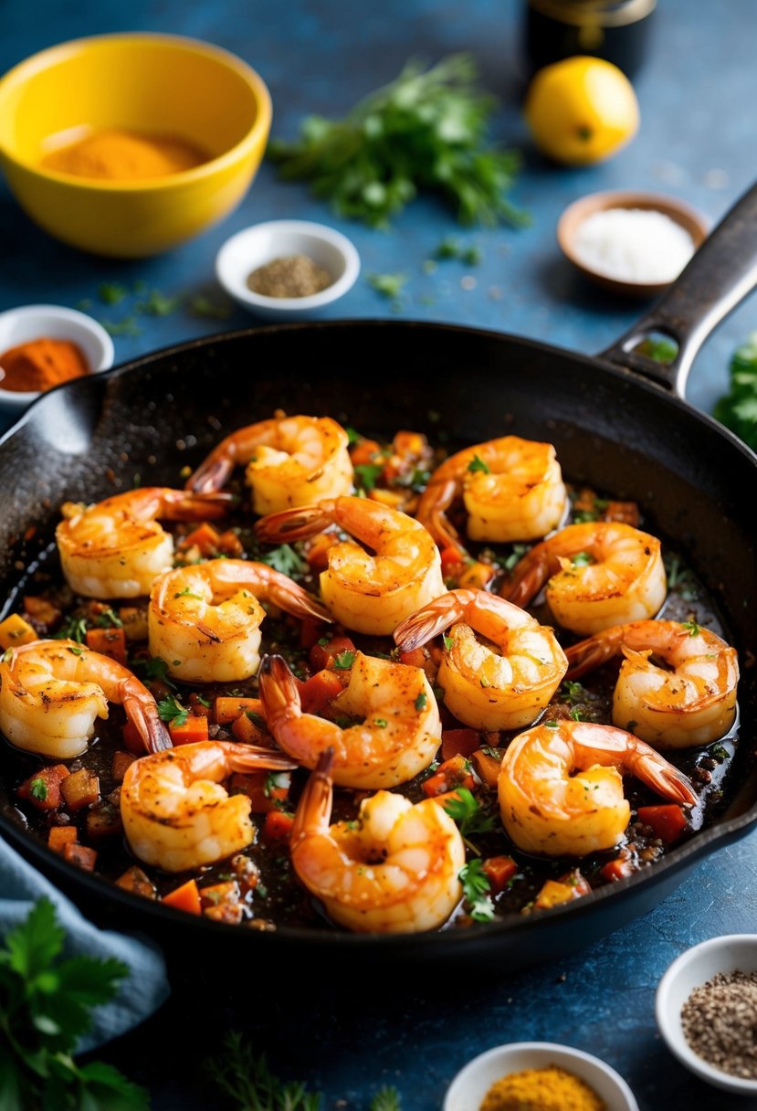 A sizzling skillet of Cajun Blackened Shrimp, surrounded by colorful spices and herbs