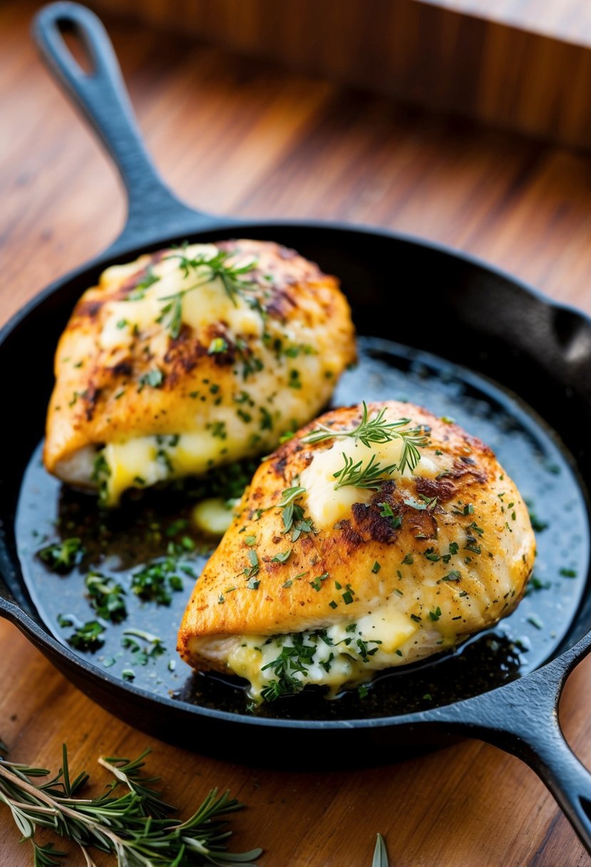 Two plump chicken breasts stuffed with herbs and cheese, golden brown and sizzling in a cast-iron skillet