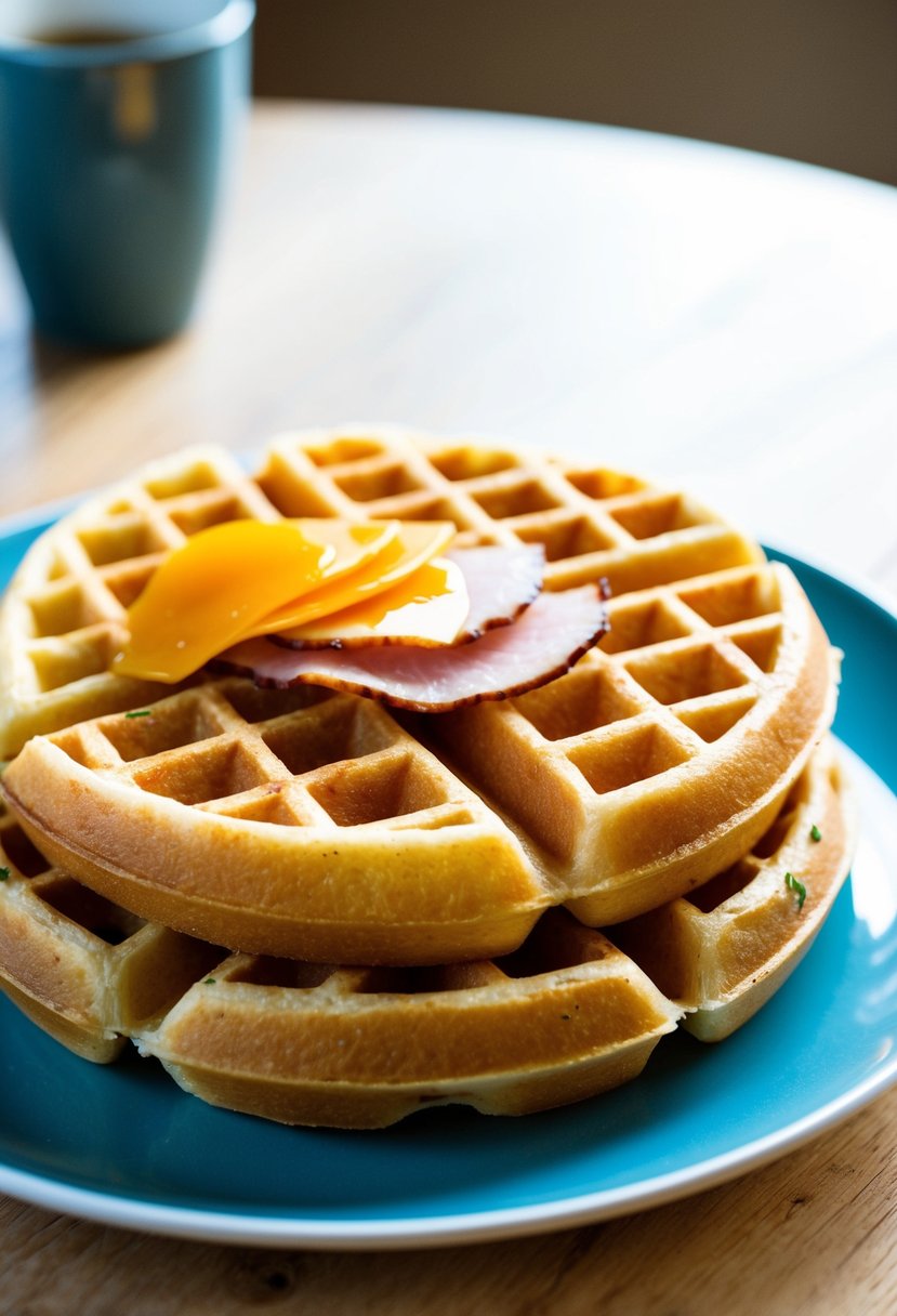 A plate of golden, crispy waffles topped with slices of savory ham and melted cheese