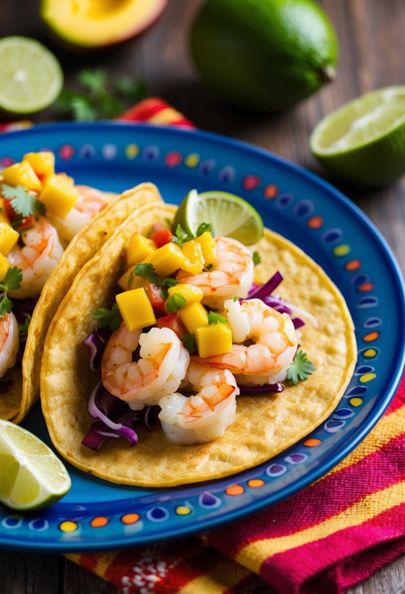 A colorful plate of shrimp tacos topped with vibrant mango salsa