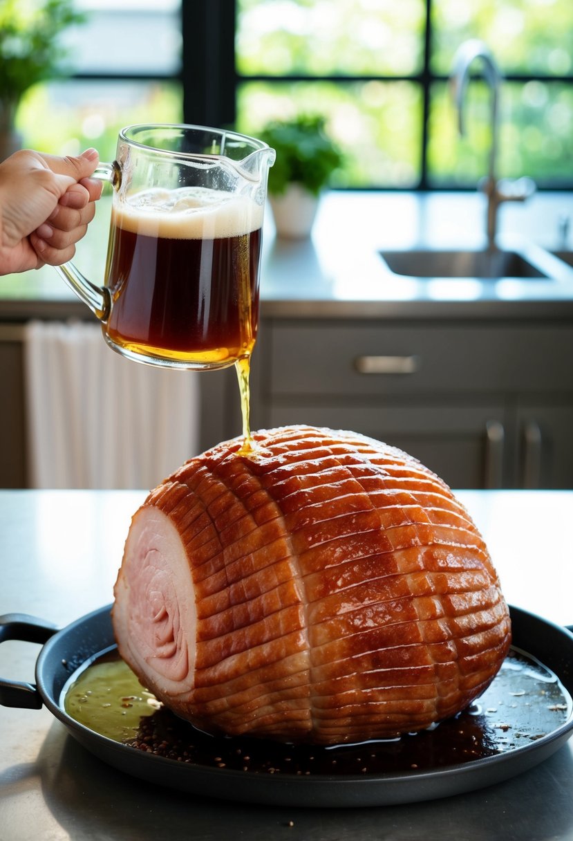 A ham being glazed with root beer in a kitchen setting