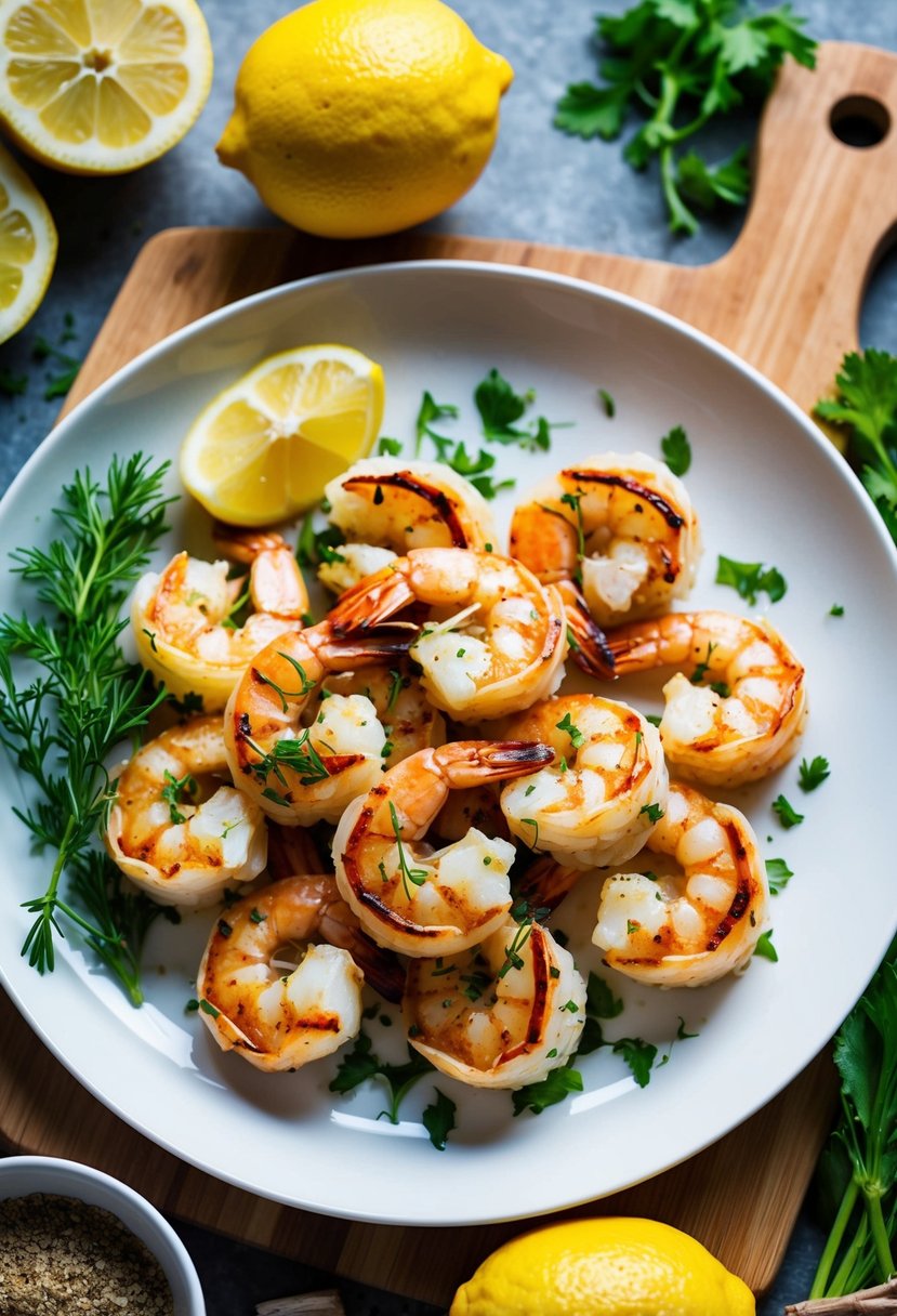 A plate of grilled shrimp with lemon and herbs, surrounded by fresh ingredients like lemons, herbs, and spices on a wooden cutting board