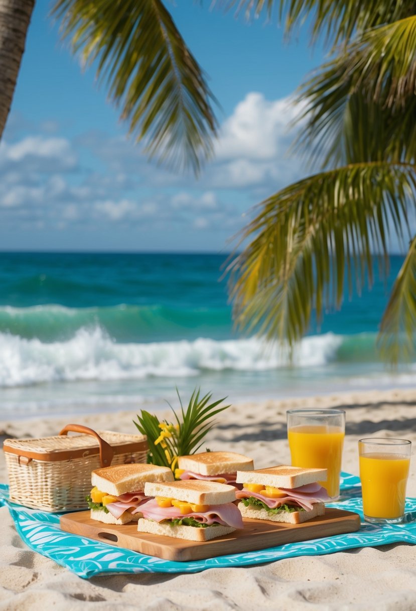 A tropical beach picnic with Hawaiian ham sandwiches, surrounded by palm trees and ocean waves