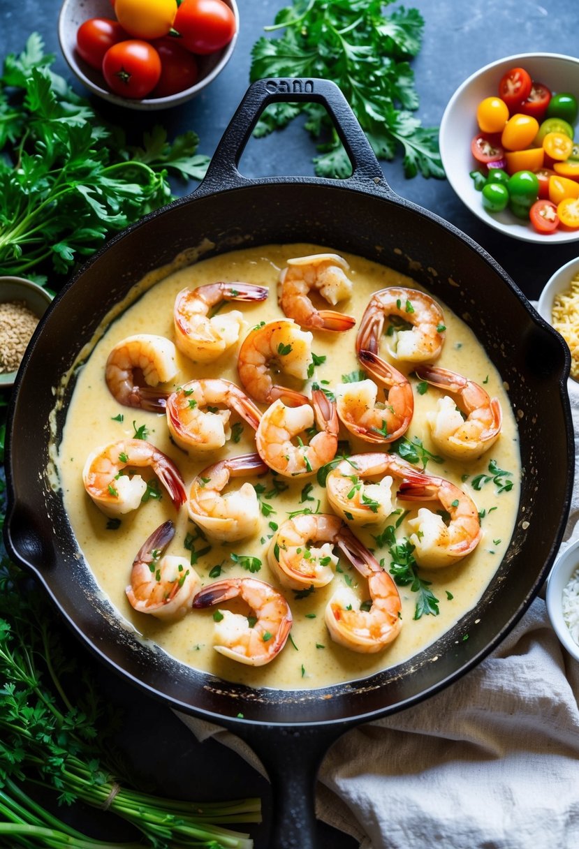 A skillet sizzling with plump shrimp, bathed in a creamy Tuscan sauce, surrounded by fresh herbs and colorful vegetables